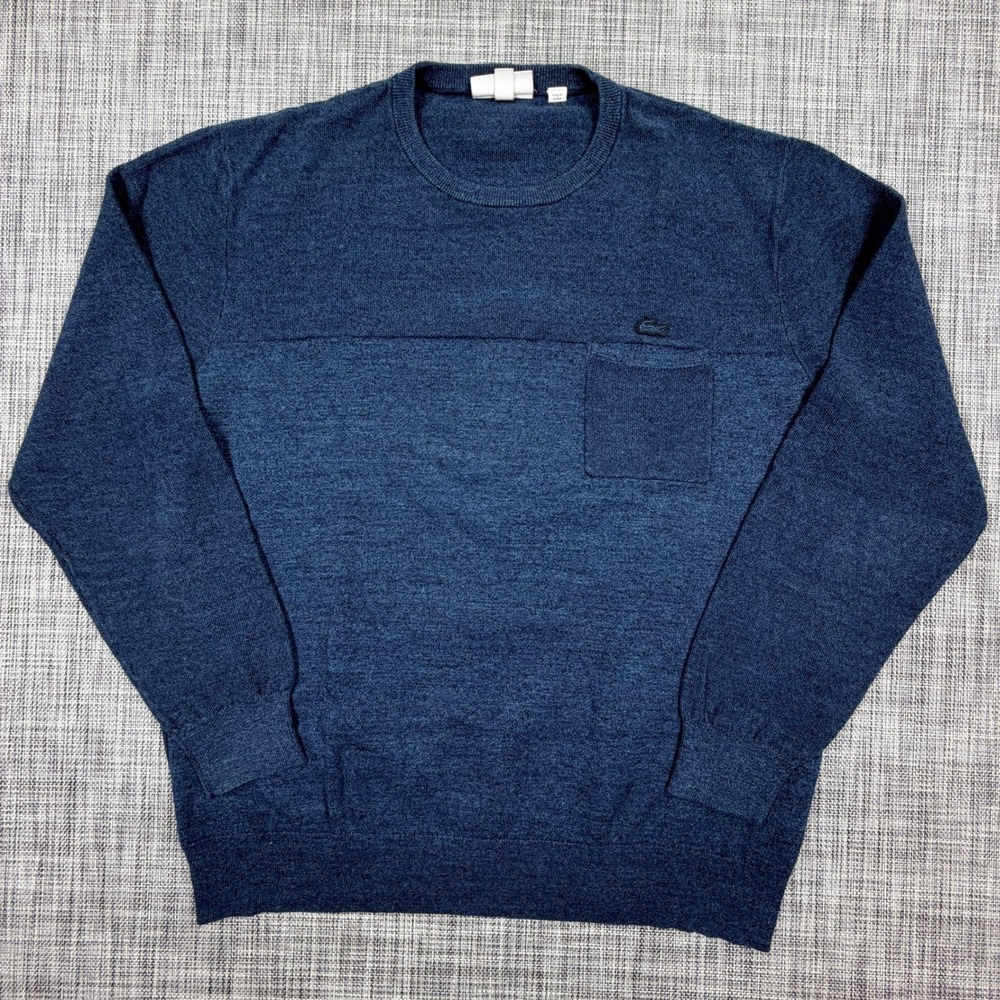 Lacoste Mens XL Blue Cotton Linen Blend Crew Neck Pocket Knit Pullover Sweater